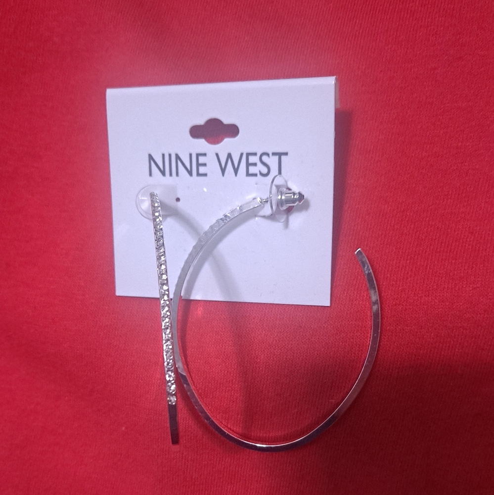 NWT Nine West Silverstone and rhinestone oblong hoop earrings